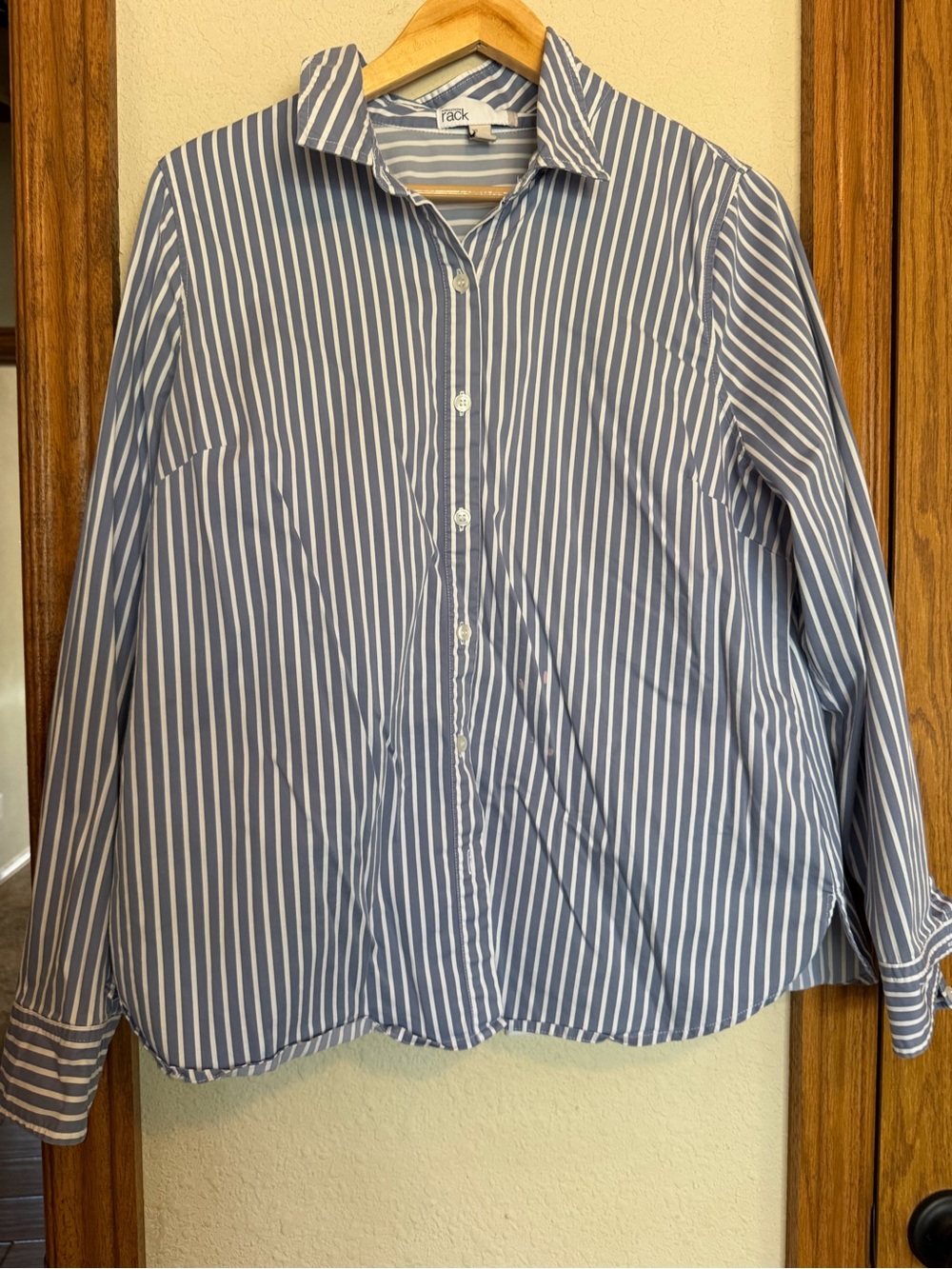 Track Blue and White Striped Button-Down Blouse